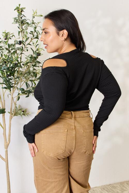 Culture Code Full Size Ribbed Surplice Cold Shoulder Top - Shop All Around Divas