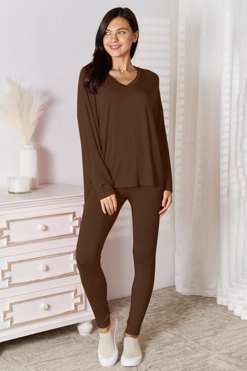 Basic Bae Full Size V-Neck Soft Rayon Long Sleeve Top and Pants Lounge Set - Shop All Around Divas