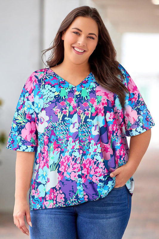 Floral Center Seam V-Neck Blouse - Shop All Around Divas