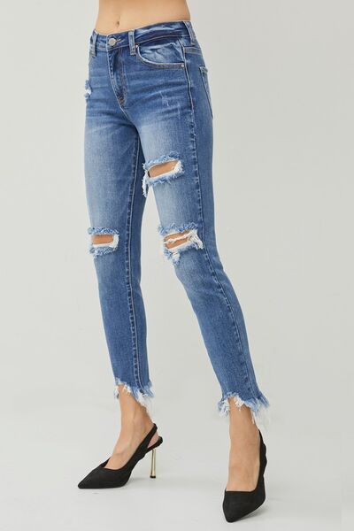 RISEN Distressed Frayed Hem Slim Jeans - Shop All Around Divas