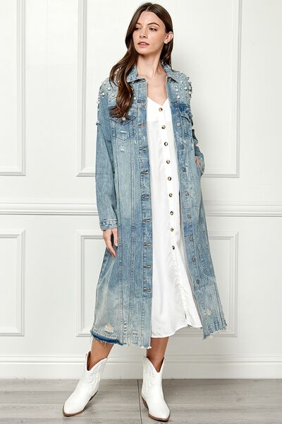 Veveret Full Size Distressed Raw Hem Pearl Detail Button Up Jacket - Shop All Around Divas