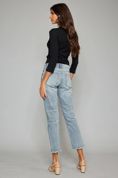 Kancan High Waist Button Fly Raw Hem Cropped Straight Jeans - Shop All Around Divas