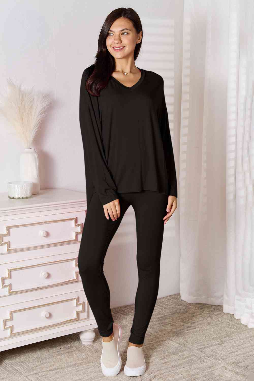 Basic Bae Full Size V-Neck Soft Rayon Long Sleeve Top and Pants Lounge Set - Shop All Around Divas