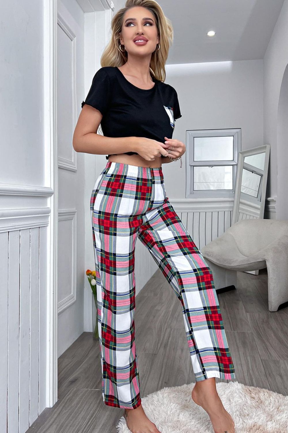 Daydreaming Trim Cropped T-Shirt and Plaid Pants Lounge Set