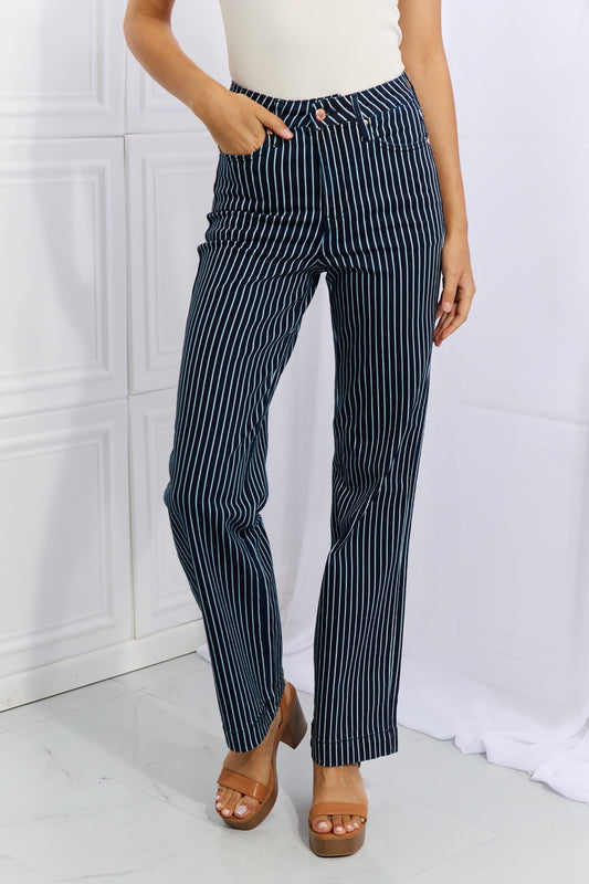 Cassidy High Waisted Tummy Control Striped Straight Jeans - Judy Blue