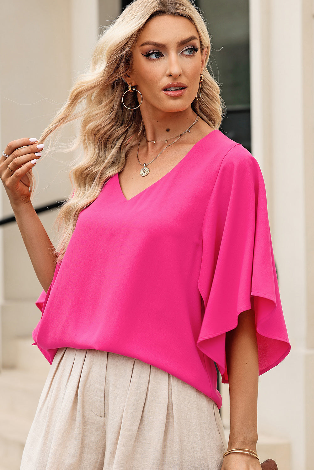 V-Neck Cloak Sleeve Blouse - Shop All Around Divas