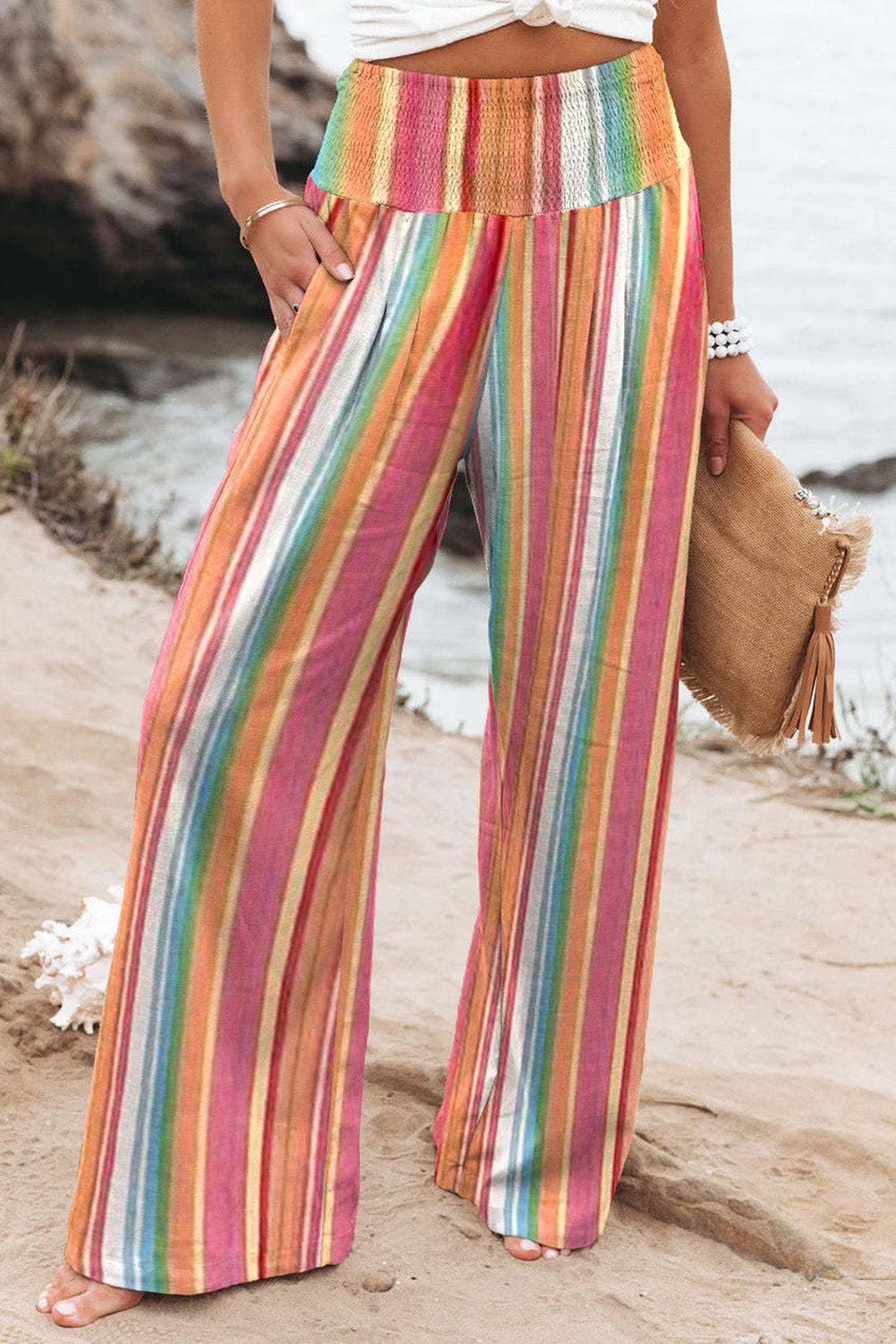 Striped Smocked Waist Pants with Pockets - Shop All Around Divas