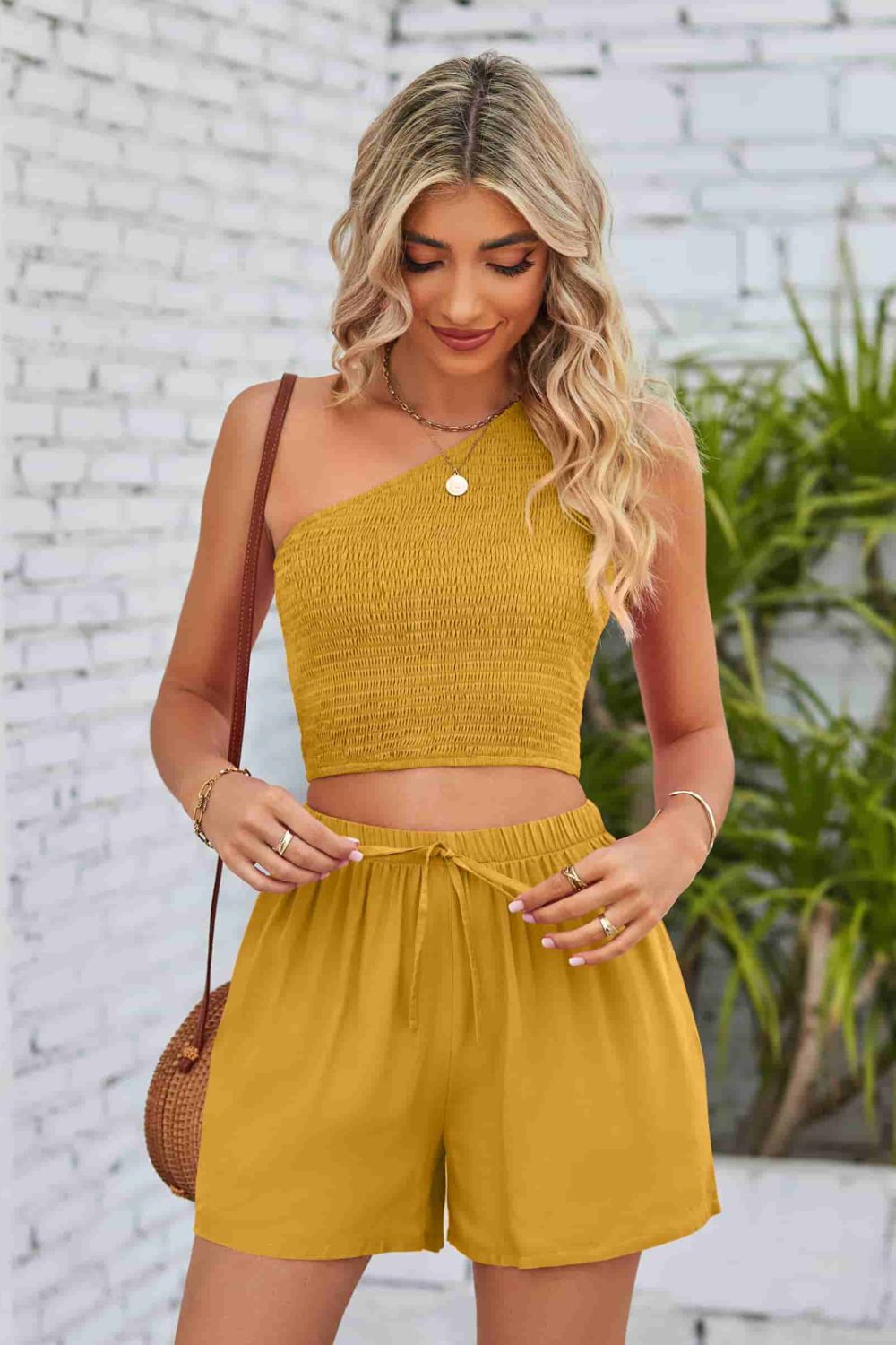 Smocked One-Shoulder Sleeveless Top and Shorts Set - 6 Colors