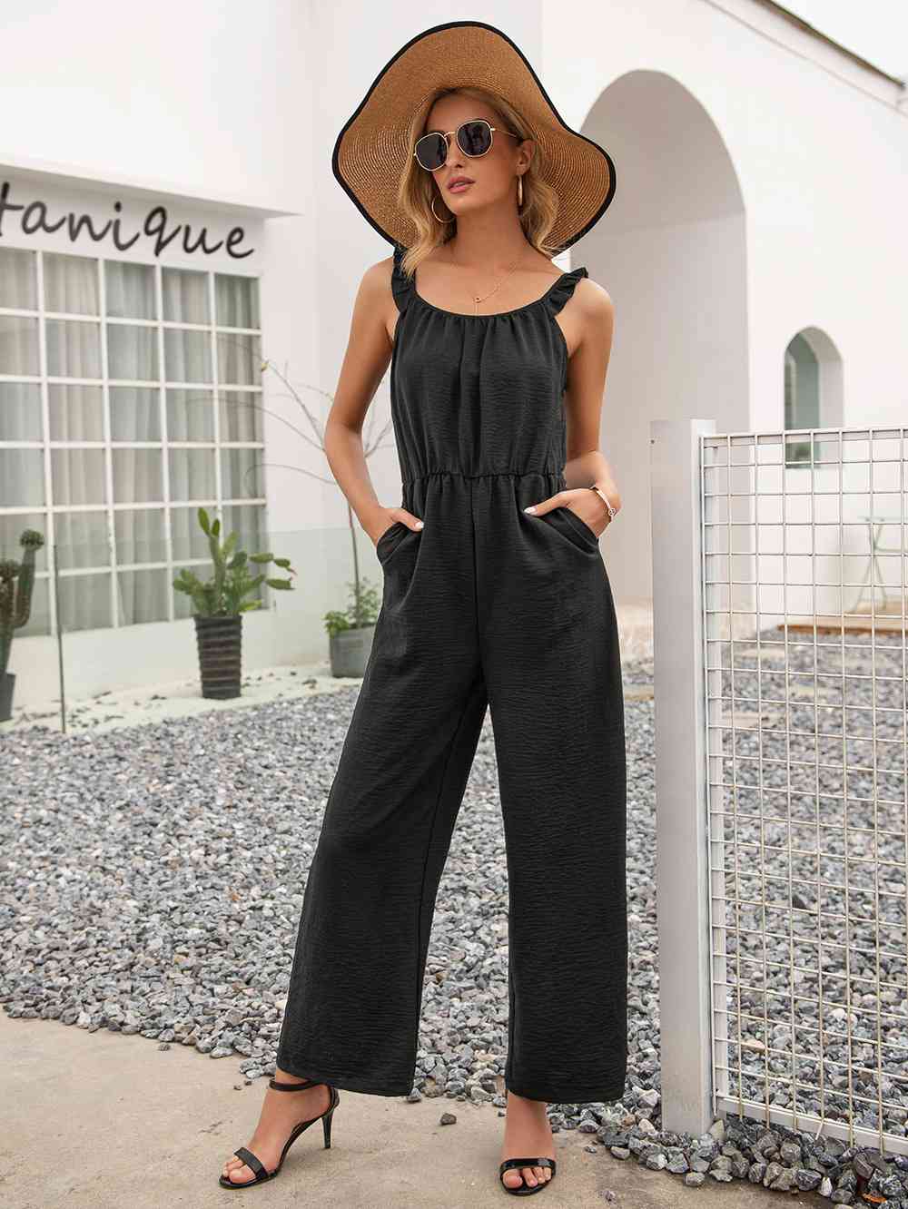 Round Neck Sleeveless Jumpsuit with Pockets - 4 Colors