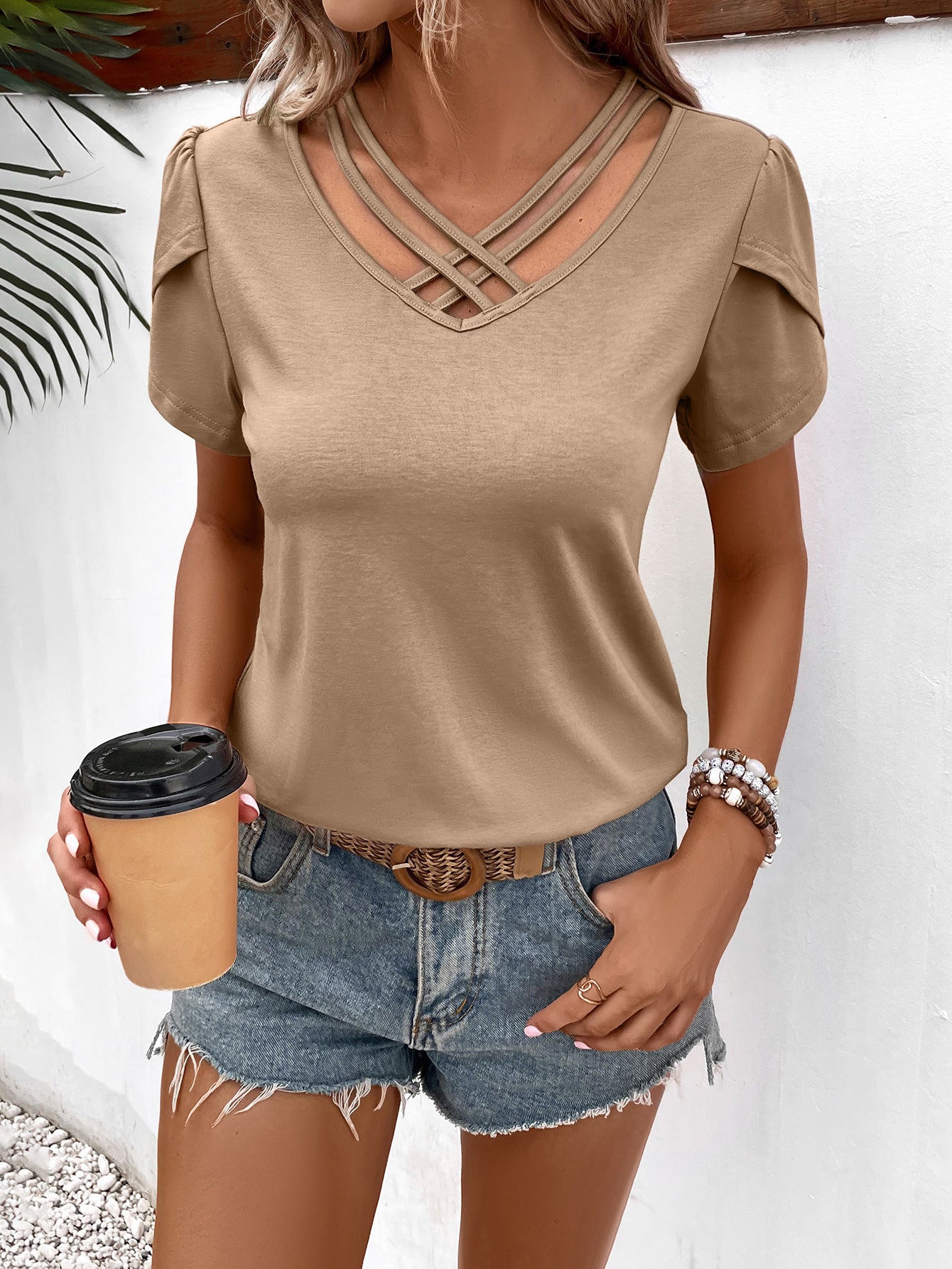 Strappy V-Neck Petal Sleeve Top - Shop All Around Divas