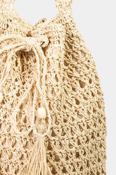 Fame Straw Braided Drawstring Tote Bag with Tassel - 2 Colors
