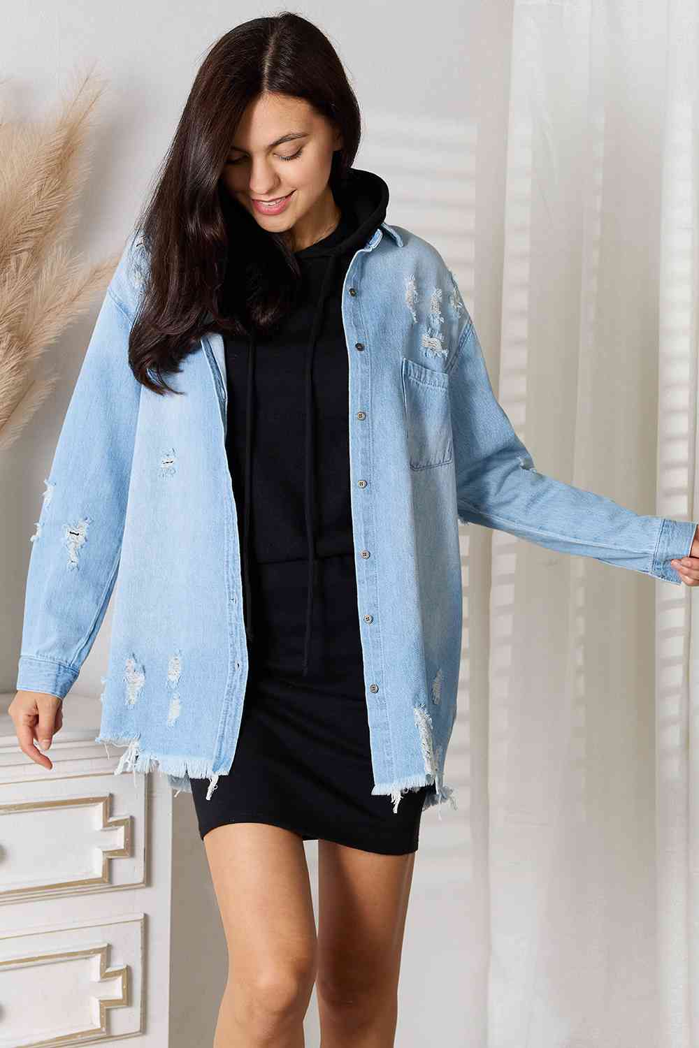 Date Night Distressed Raw Hem Denim Jacket - RISEN - Shop All Around Divas