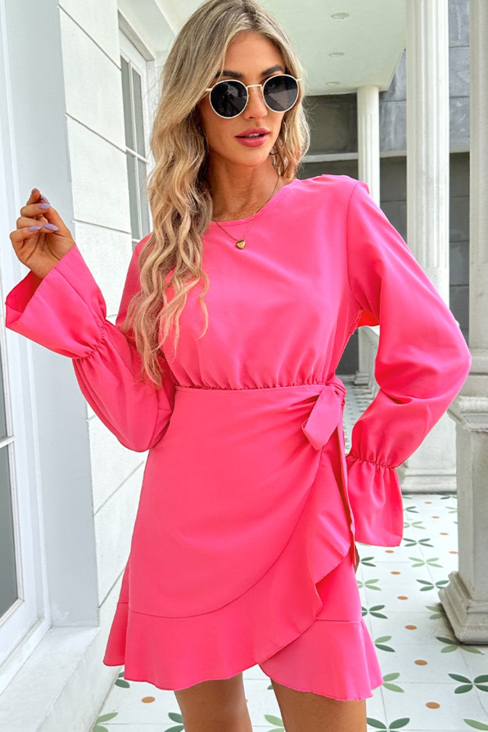 Round Neck Flounce Sleeve Ruffle Hem Mini Dress - Shop All Around Divas