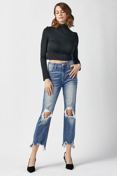 RISEN High Waist Distressed Frayed Hem Cropped Straight Jeans - Shop All Around Divas