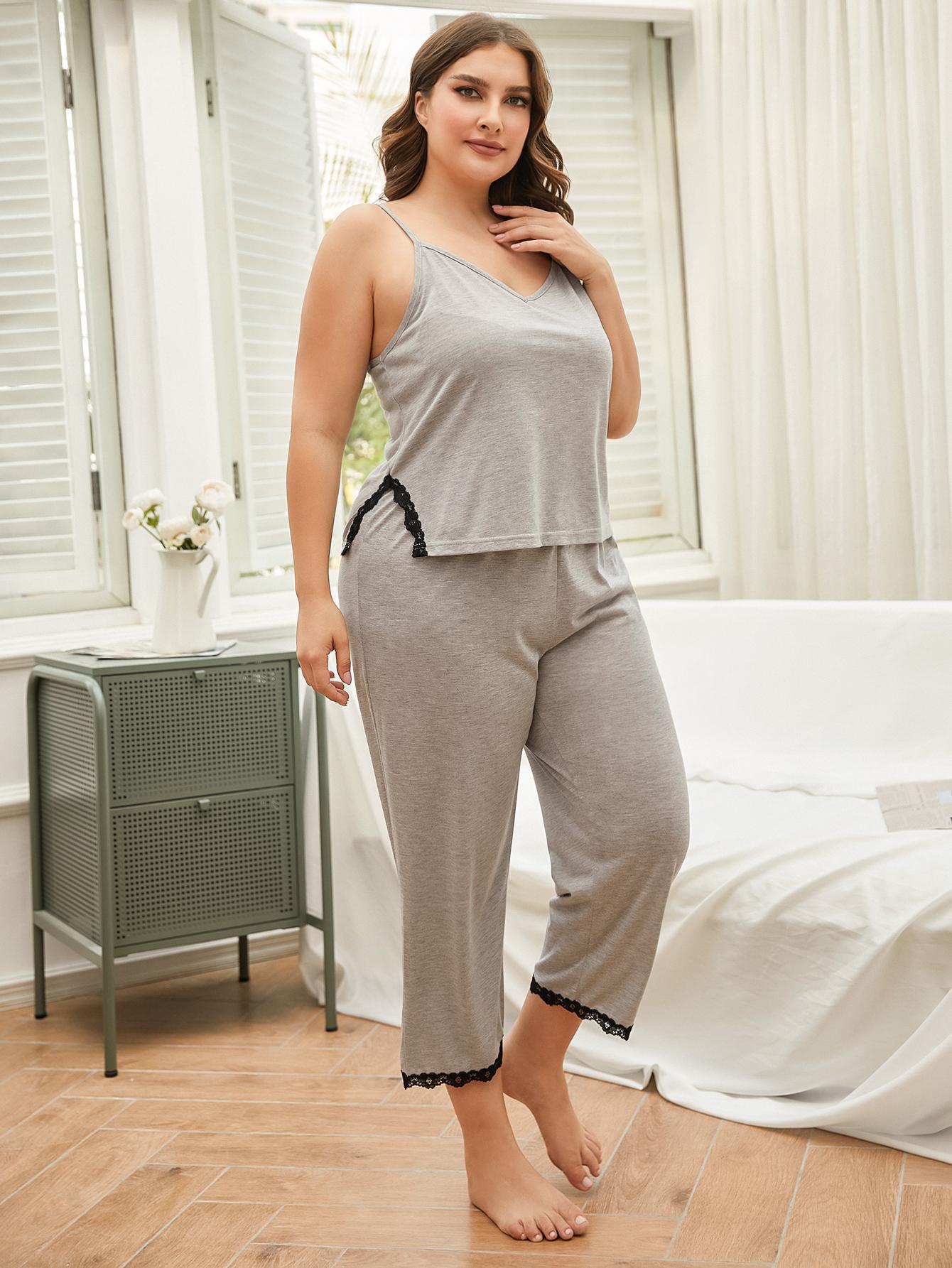 Plus Size Lace Trim Slit Cami and Pants Pajama Set