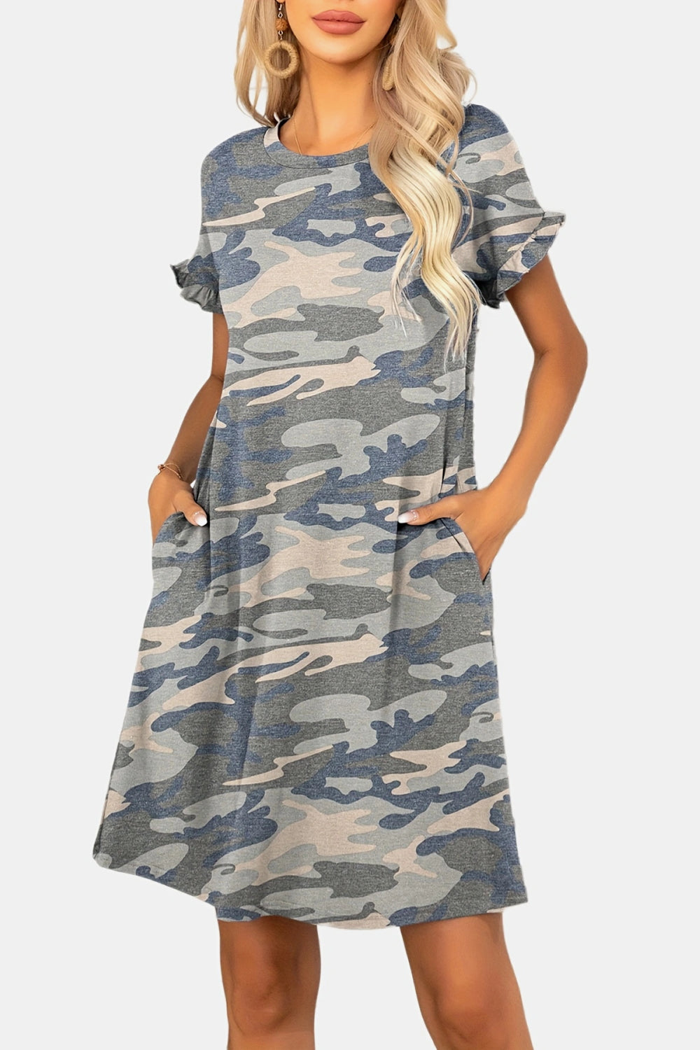 Flounce Sleeve Round Neck Dress with Pockets - Shop All Around Divas