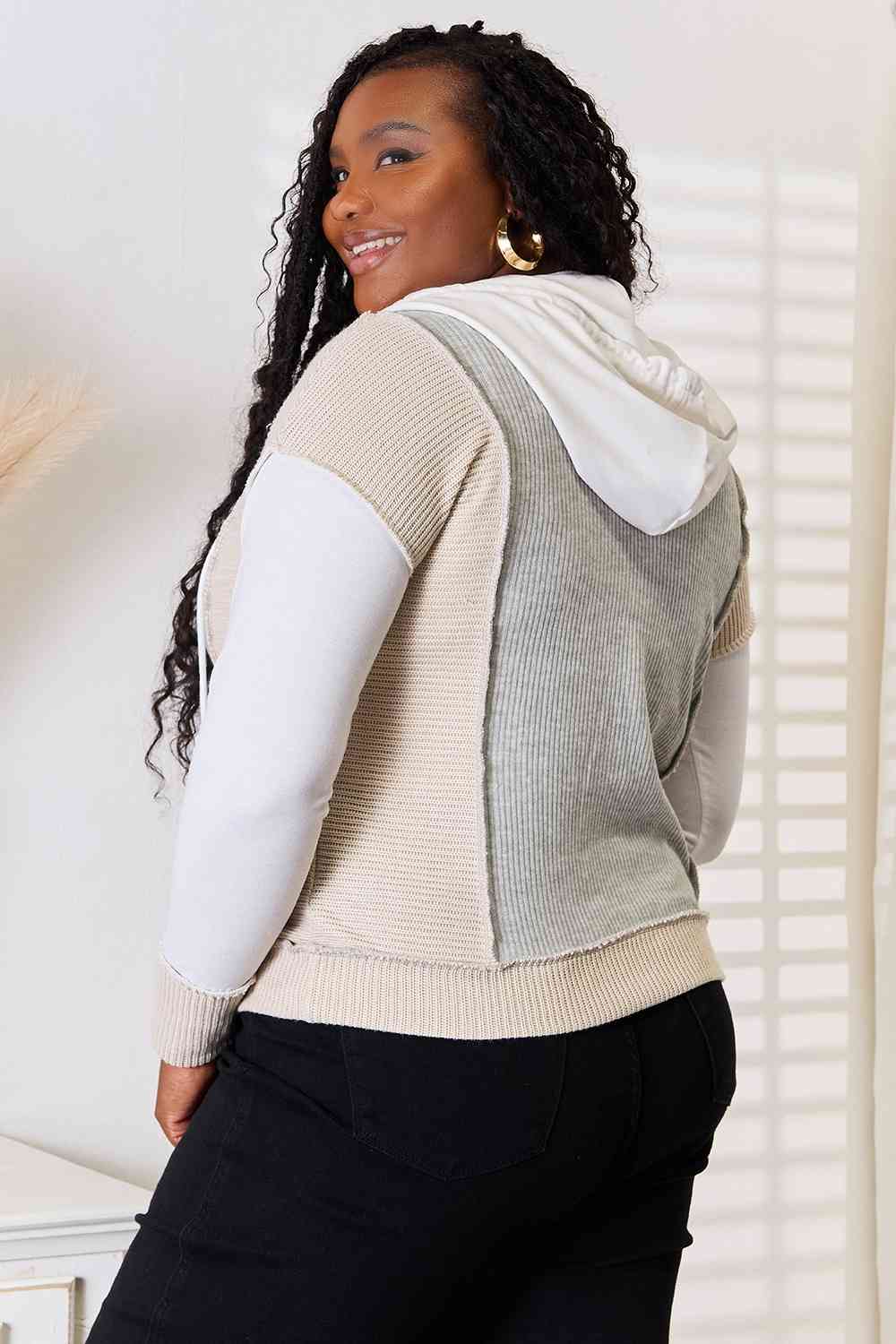 Double Take Color Block Exposed Seam Drawstring Hoodie - Shop All Around Divas