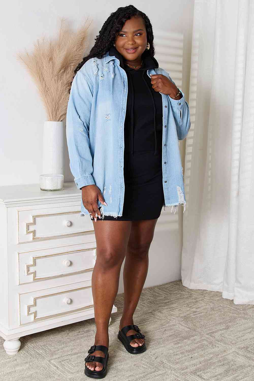 Date Night Distressed Raw Hem Denim Jacket - RISEN - Shop All Around Divas