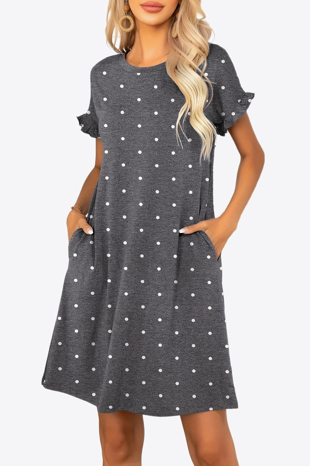 Flounce Sleeve Round Neck Dress with Pockets - Shop All Around Divas