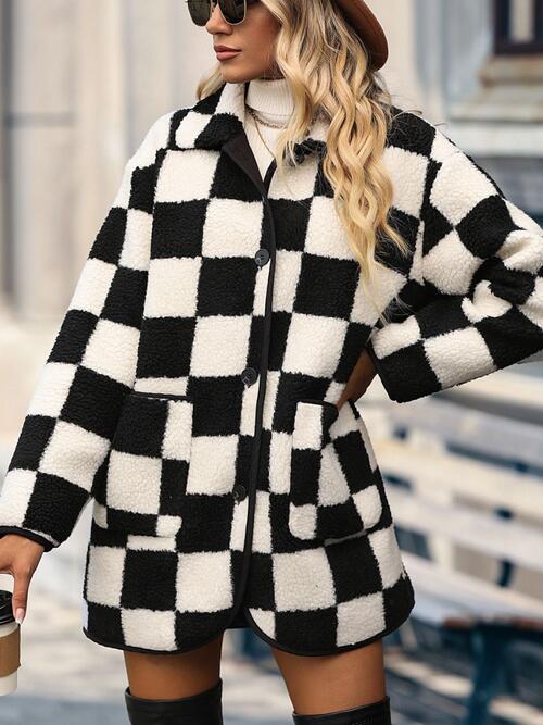 Double Take Checkered Button Front Coat with Pockets - Shop All Around Divas