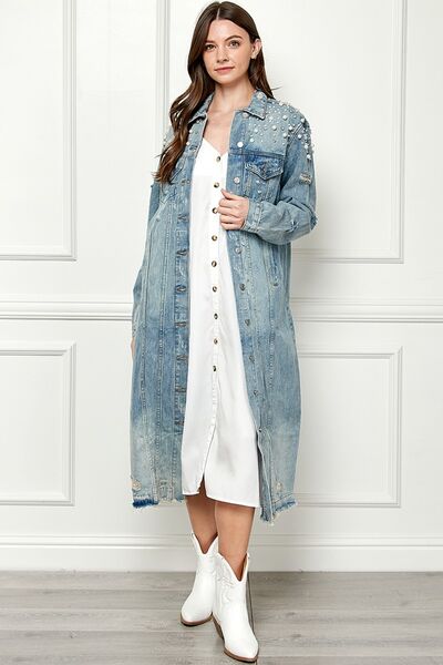 Veveret Full Size Distressed Raw Hem Pearl Detail Button Up Jacket - Shop All Around Divas