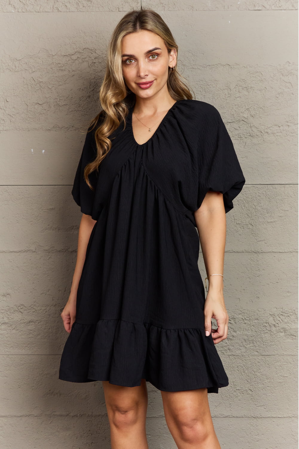 Comfort Cutie Double V-Neck Puff Sleeve Mini Dress - Shop All Around Divas