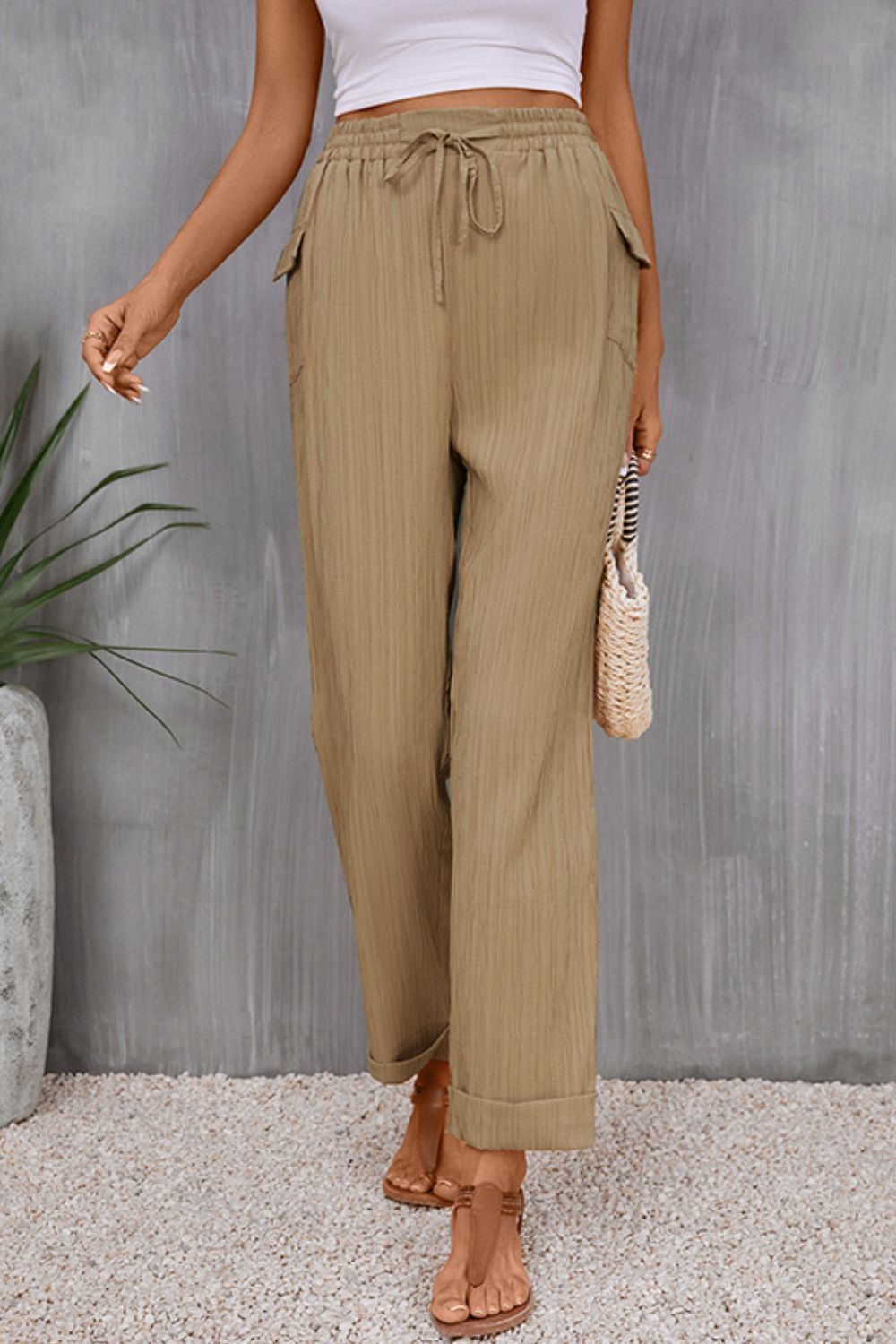 Tie Waist Pocketed Long Pants - Shop All Around Divas