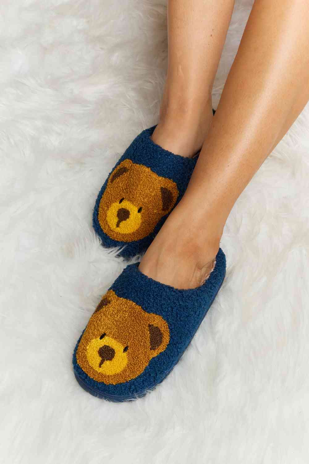 Melody Teddy Bear Print Plush Slide Slippers - 6 Colors