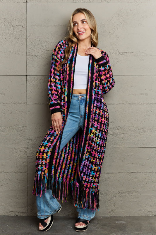 Multicolored Open Front Fringe Hem Cardigan - Shop All Around Divas