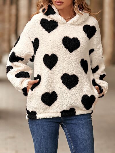 Fuzzy Heart Pocketed Dropped Shoulder Hoodie - 3 Colors