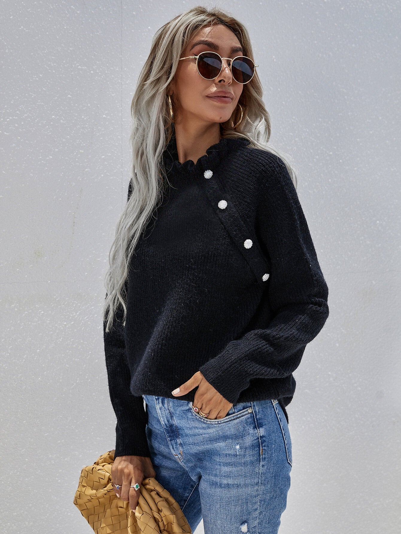 Cassie Button Detail Frill Neck Rib-Knit Sweater - 4 colors