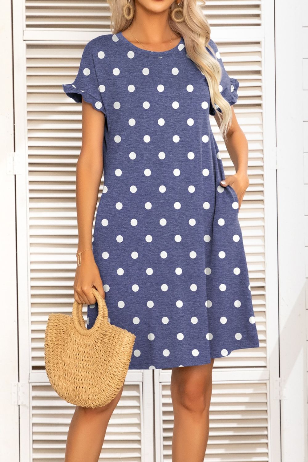 Flounce Sleeve Round Neck Dress with Pockets - Shop All Around Divas