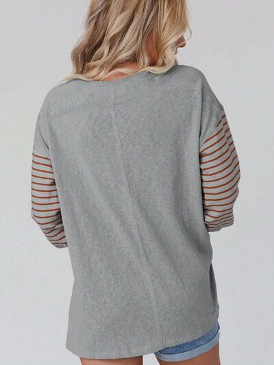 Round Neck Striped Long Sleeve Slit T-Shirt - 5 Colors