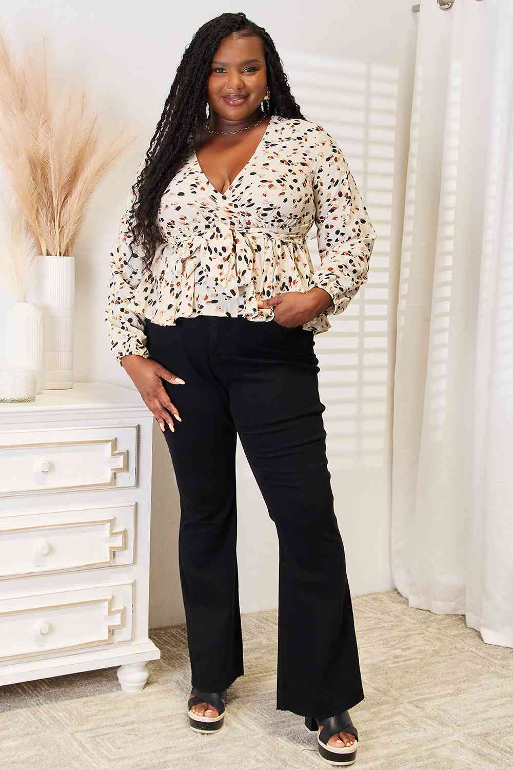 Double Take Printed Tied Plunge Peplum Blouse - Shop All Around Divas