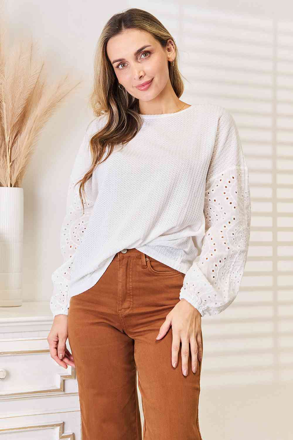 Double Take Eyelet Dropped Shoulder Round Neck Blouse - Shop All Around Divas