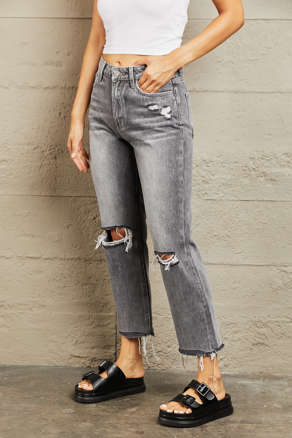 Lanie Stone Wash Distressed Cropped Straight Jeans