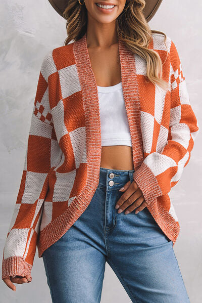 Plaid Open Front Dropped Shoulder Cardigan - Shop All Around Divas