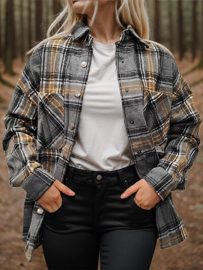 Plaid Snap Down Long Sleeve Shacket - Shop All Around Divas