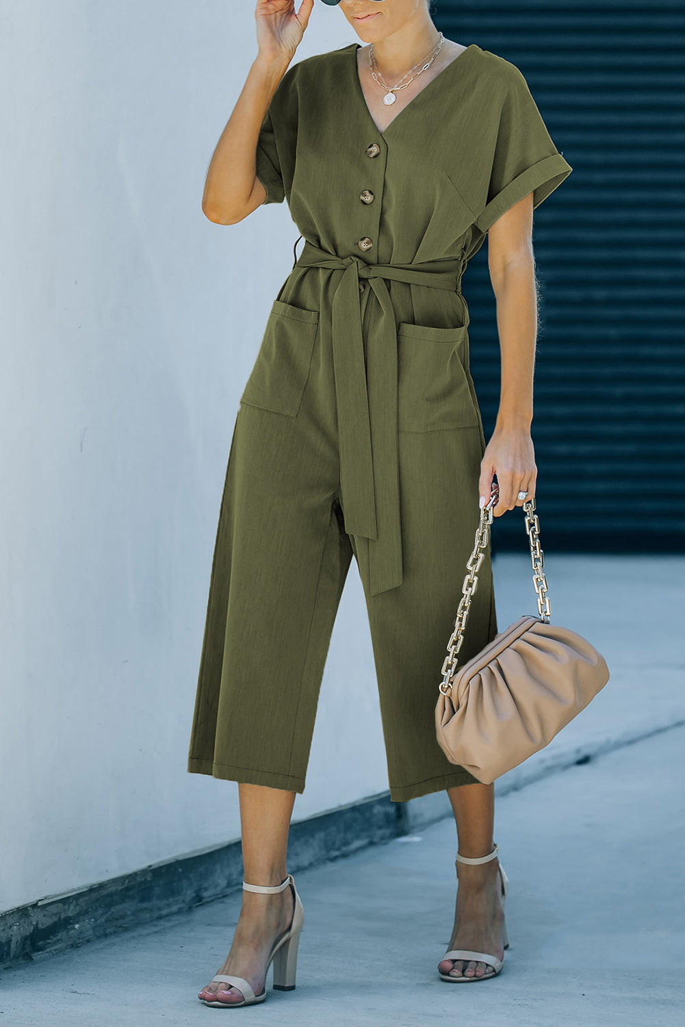 Tie-Waist Buttoned Cropped Jumpsuit - Shop All Around Divas