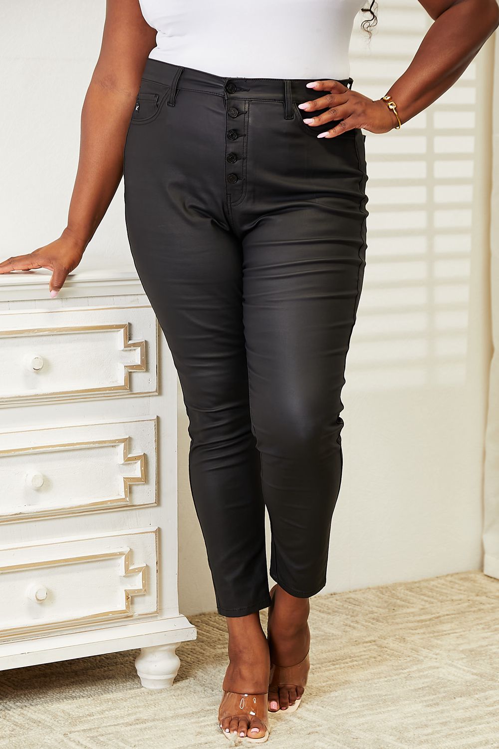 Kancan High Rise Black Coated Ankle Skinny Jeans - Shop All Around Divas