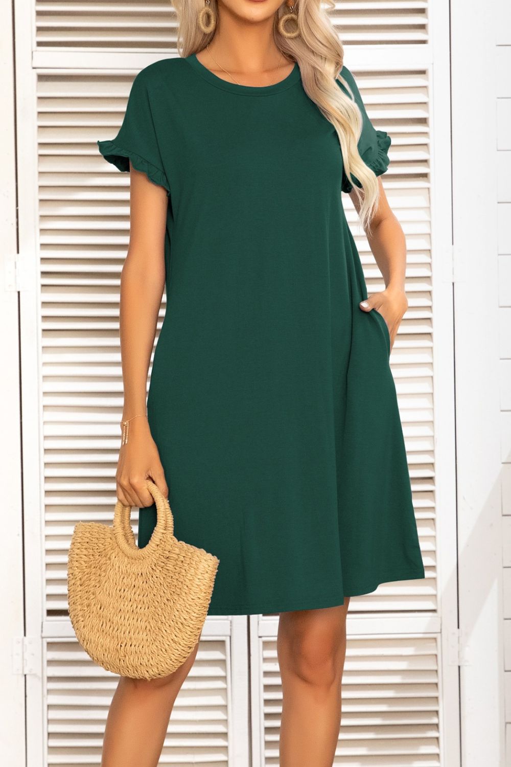 Flounce Sleeve Round Neck Dress with Pockets - Shop All Around Divas