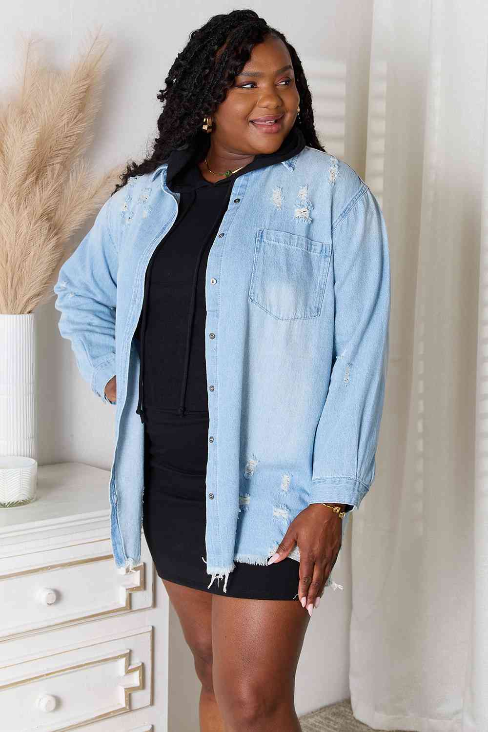 Date Night Distressed Raw Hem Denim Jacket - RISEN - Shop All Around Divas