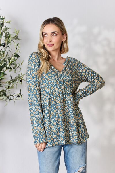 Heimish Full Size Floral Half Button Long Sleeve Blouse - Shop All Around Divas