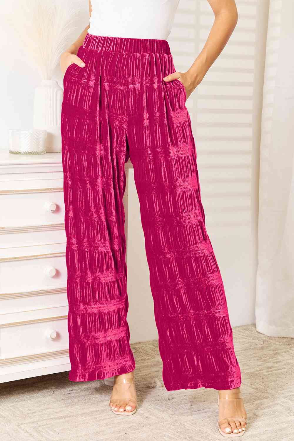 Double Take Full Size High Waist Tiered Shirring Velvet Wide Leg Pants - Shop All Around Divas