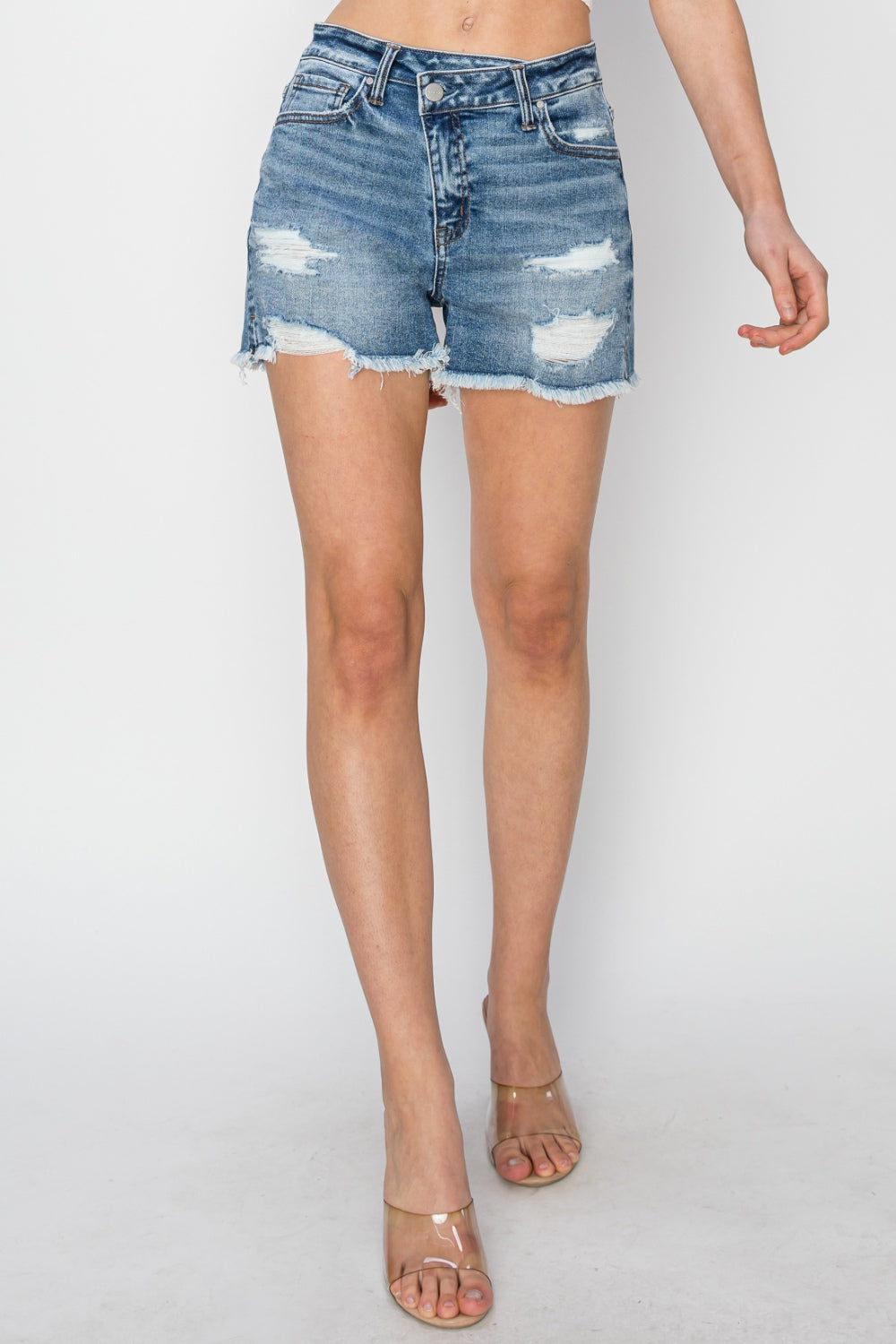 RISEN Stepped Waist Frayed Denim Shorts - Shop All Around Divas