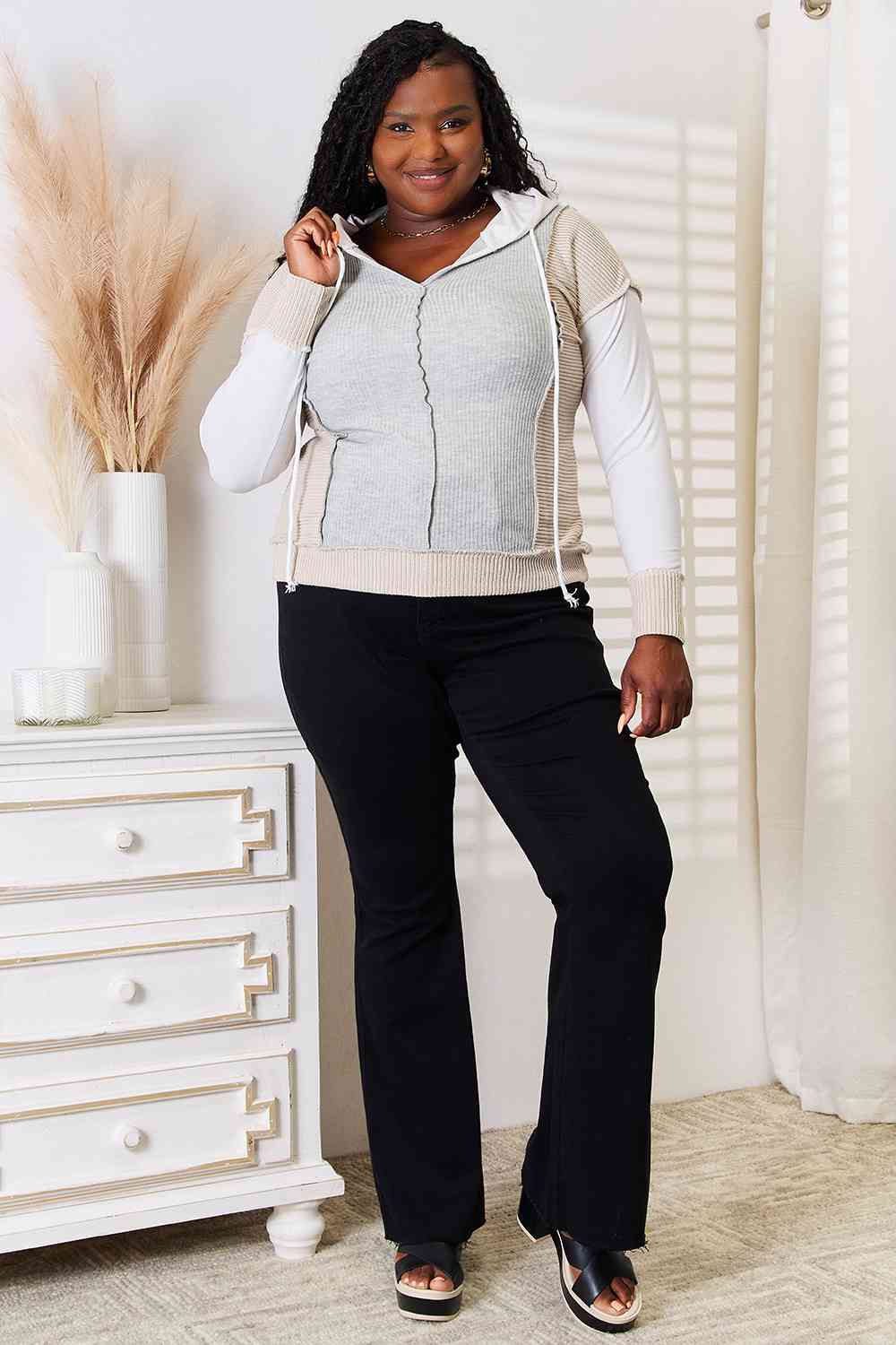 Double Take Color Block Exposed Seam Drawstring Hoodie - Shop All Around Divas