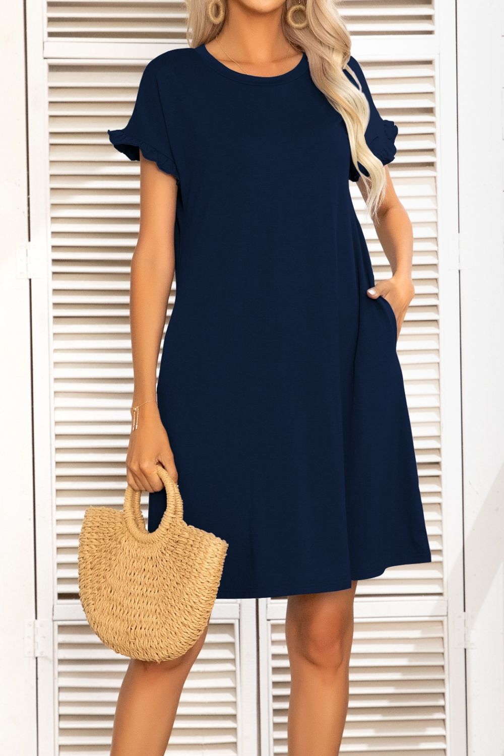 Flounce Sleeve Round Neck Dress with Pockets - Shop All Around Divas