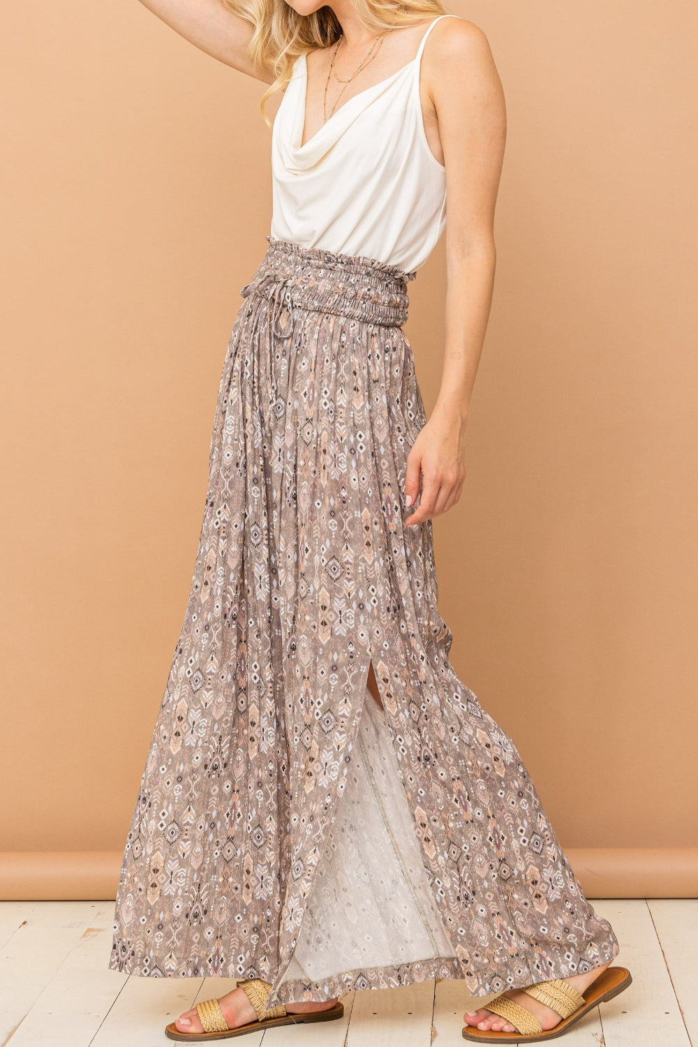 And The Why Printed Smocked Waist Slit Wide Leg Pants - Shop All Around Divas