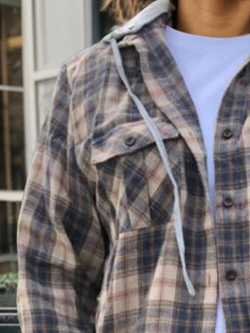 Fall Daze Plaid Button Up Long Sleeve Hooded Jacket - CURVY
