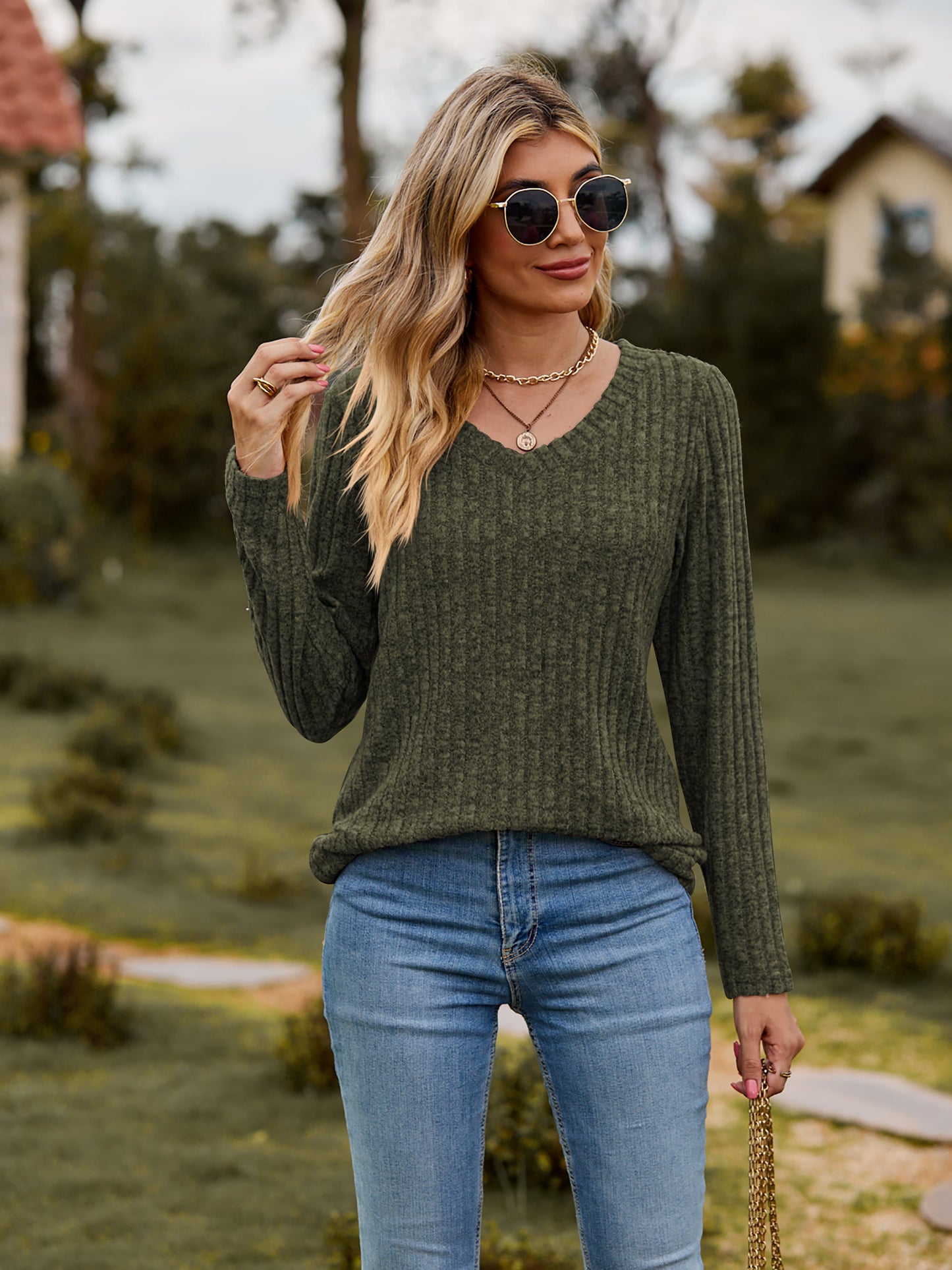 Jenni Ribbed V-Neck Long Sleeve Tee - 7 Colors - Shop All Around Divas